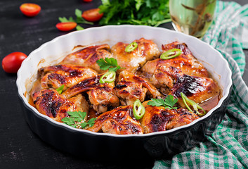 Baked chicken wings in the Asian style on baking dish.