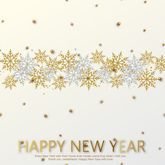 Happy New Year card with gold and white snow flakes. Vector illustration