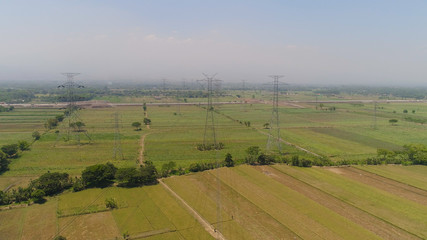 Fototapeta na wymiar Electricity pylons bearing power supply across agricultural land with sown green, rice fields in countryside. aerial view power pylons and high voltage lines java, indonesia.High voltage metal post