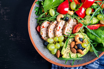 Ketogenic diet. Buddha bowl dish with meatloaf, avocado, sweet pepper, tomato, cucumber, berries and nuts. Detox and healthy superfoods bowl concept. Overhead, top view, flat lay