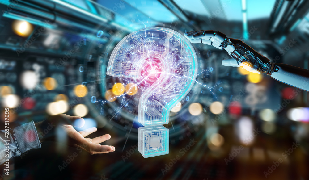 Aufkleber Cyborg solving problem with digital question marks 3D rendering