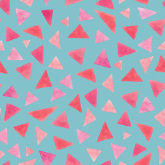 Bright pink watercolor triangles seamless pattern on a blue background.