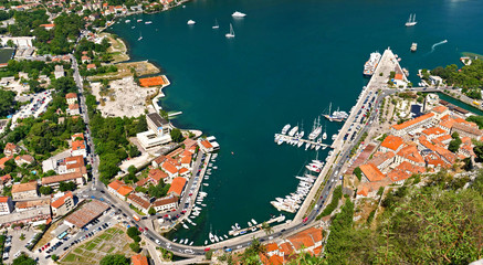 bay of kotor with boat, aerial view