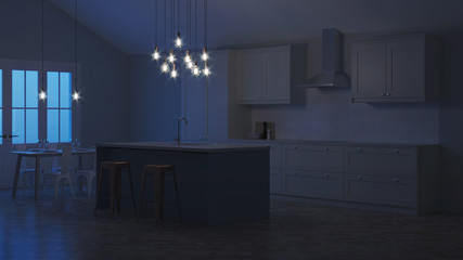 The interior of the kitchen in a private house. White kitchen with a blue island. Night. Evening lighting. 3D rendering.