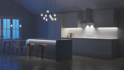 The interior of the kitchen in a private house. White kitchen with a blue island. Night. Evening lighting. 3D rendering.