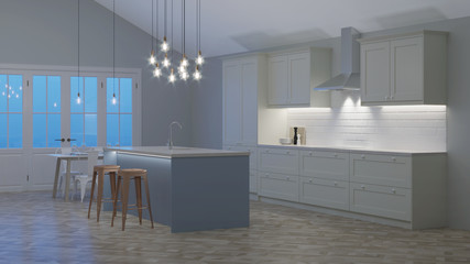 The interior of the kitchen in a private house. White kitchen with a blue island. Night. Evening lighting. 3D rendering.