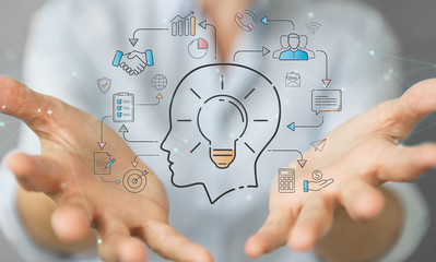 Businesswoman using thin line icon project plan presentation