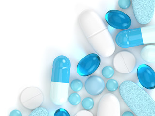 3d render of pills, tablets and capsules over white