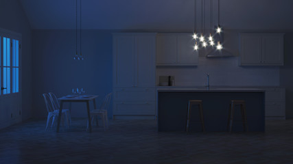 The interior of the kitchen in a private house. White kitchen with a blue island. Night. Evening lighting. 3D rendering.