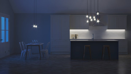 The interior of the kitchen in a private house. White kitchen with a blue island. Night. Evening lighting. 3D rendering.