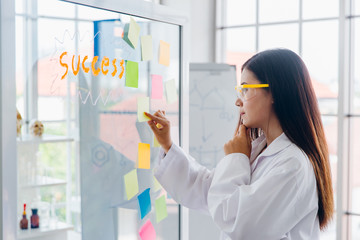 young successful woman business owner work in modern office with post note or sticky note on door window.SME and small business concept