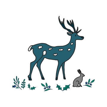 Hand painted characters deer, rabbit and herbs. Natural objects on white background. Vector illustration