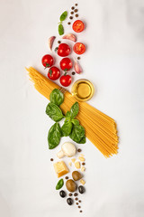 Set of products for cooking traditional Italian pasta on a white background. raw ingredients for pasta