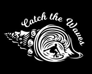 Surfing vector emblems, illustrations, t-shirt design with shell on black background
