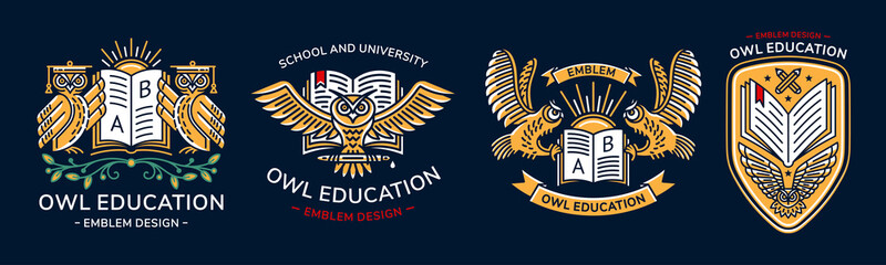 Owl vector emblem, illustration, logo set  for education, schools, universities  in linear style on a dark background