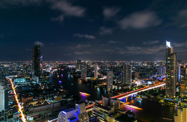 Fototapeta premium Bangkok City - Aerial view beautiful night Bangkok city downtown skyline of Thailand , cityscape at night , landscape Bangkok Thailand