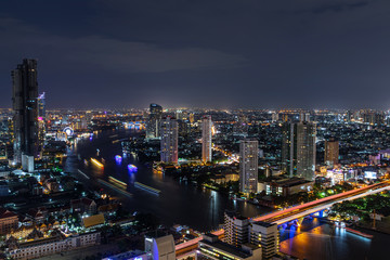 Fototapeta na wymiar Bangkok City - Aerial view beautiful night Bangkok city downtown skyline of Thailand , cityscape at night , landscape Bangkok Thailand