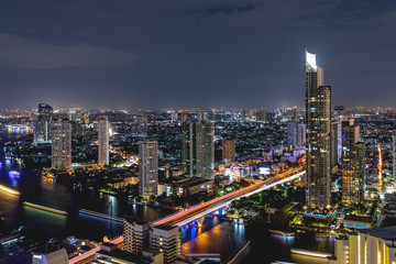 Naklejka premium Bangkok City - Aerial view beautiful night Bangkok city downtown skyline of Thailand , cityscape at night , landscape Bangkok Thailand