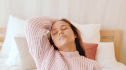 Tiring day end. Fatigue powerlessness apathy. Exhausted girl dropping on bed.