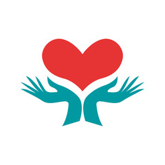 Vector logo hands and heart, cardiologist. Service and assistance. Donation, blood withdrawal and transfusion