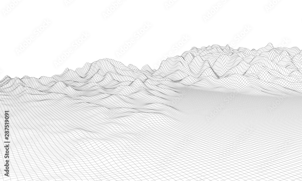 Poster abstract digital landscape with particles dots and stars on horizon. wireframe landscape background.