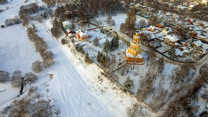 Winter view from above of the Church Of The Savior Of The Miraculous Image, Russia, Moscow region, Odintsovo urban district, village Ubory