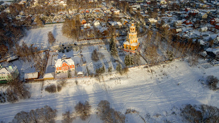 Winter view from above of the Church Of The Savior Of The Miraculous Image, Russia, Moscow region, Odintsovo urban district, village Ubory