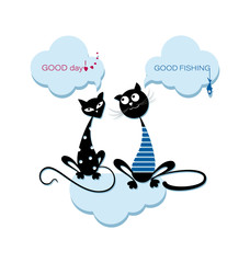 Pair of black cats in the clouds. Emblem. Cat in a sailor shirt and a polka-dot cat are sitting on a cloud. Design for printing on a t-shirt, textiles, packaging materials.