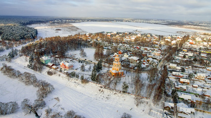 Winter view from above of the Church Of The Savior Of The Miraculous Image, Russia, Moscow region, Odintsovo urban district, village Ubory