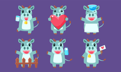 Cute Cow Character Set, Cheerful Farm Animal in Various Action Poses Vector Illustration