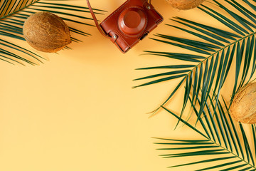 Summer modern composition. Photo camera, tropical palm leaves, coconut on pastel yellow background. Travel concept. Flat lay, top view, copy space