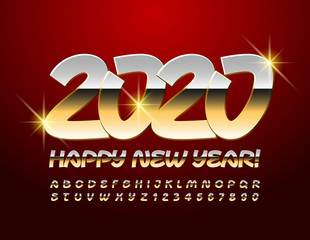 Vector gold Happy New Year 2020 Greeting Card with Alphabet set of Letters and  Symbols. Luxury stylish Font.