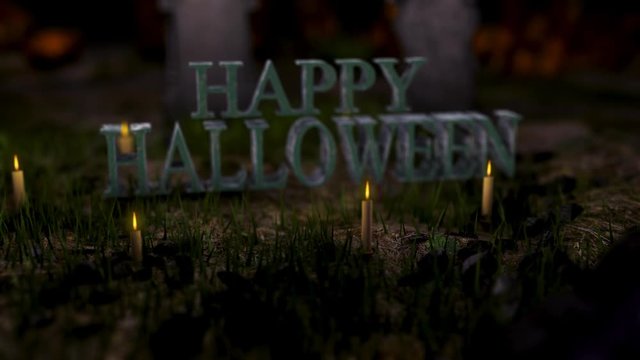 The camera flies around 3D discription "Happy Halloween" in the cemetery. discription stand in the middle, candles burn around and gravestones stand. Seamless looped 3d background.