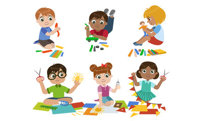Creative Kids Set, Cute Boys and Girls Cutting with Scssors, Modelling from Plasticine, Childrens Education, Development Vector Illustration
