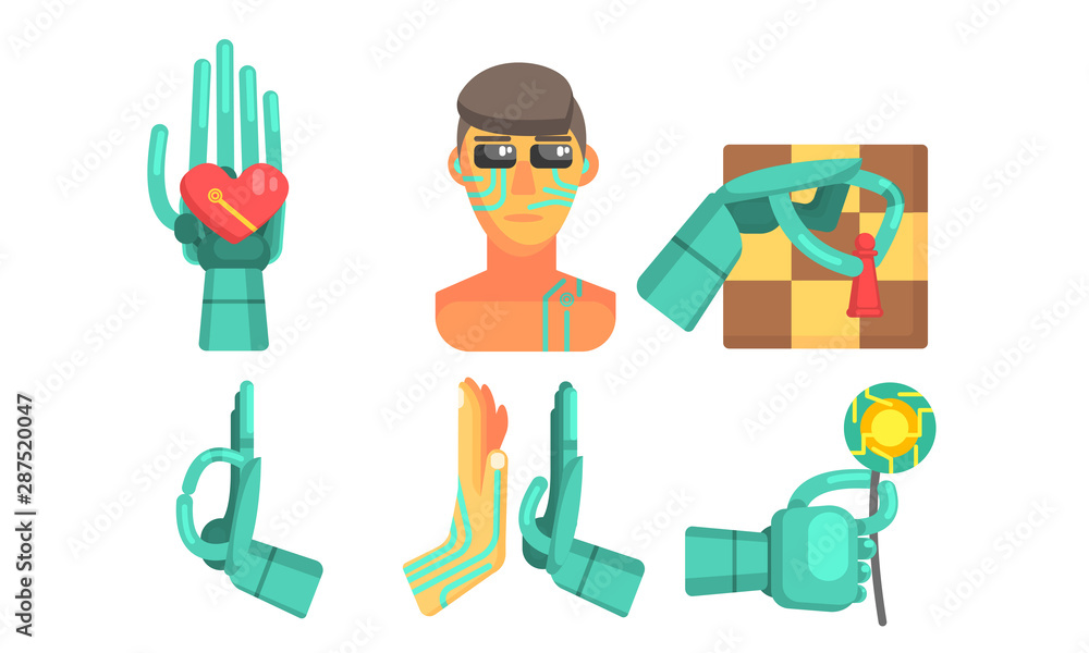 Poster artificial intelligence signs set, robotic cybernetic artificial technology objects vector illustrat