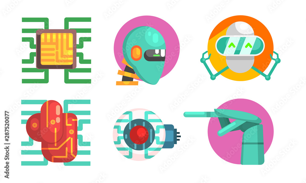 Poster artificial intelligence icons set, robotics and technology symbols vector illustration