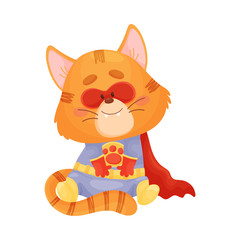 Cartoon cat superhero sits. Vector illustration on a white background.
