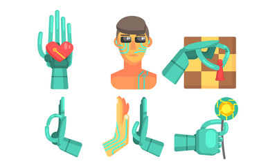 Artificial Intelligence Signs Set, Robotic Cybernetic Artificial Technology Objects Vector Illustration