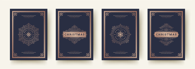 Christmas greeting cards vintage design, ornate decoration symbols and winter holidays wishes vector illustration
