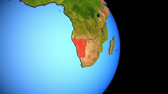 Closing in on Namibia on political 3D globe with topography. 3D illustration.