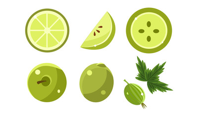 Green Fruits and Berries Set, Lime, Apple, Gooseberry Vector Illustration