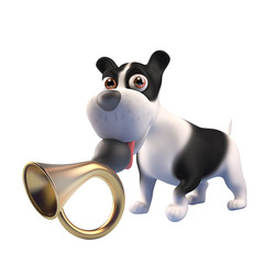 3d funny puppy dog with black and white markings holds an old car horn in its mouth, 3d illustration