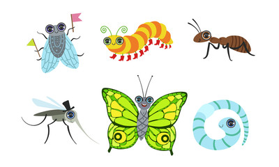 Collection of Cute Funny Cartoon Insects Set, Fly, Ant, Mosquito, Butterfly, Caterpillar, Worm Vector Illustration