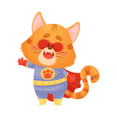 Cartoon cat superhero is standing. Vector illustration on a white background.