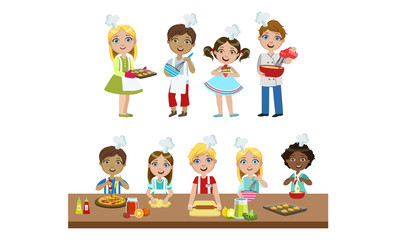 Cute Boys and Girls in Uniform Cooking in Kitchen Set, Kids Cooking Various Dishes Using Utensils Vector Illustration