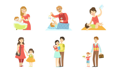 Parents Daily Routine Activities Set, Mothers and Fathers Taking Care of Their Children, Motherhood and Farherhood Concept Vector Illustration