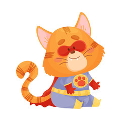 Obraz premium Cartoon cat superhero with a red cloak sits. Vector illustration on a white background.