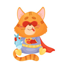 Cartoon cat superhero holds fish. Vector illustration on a white background.