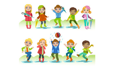 Obraz na płótnie Canvas Cute Happy Kids Playing in the Rain Set, Boys and Girls Having Fun Outdoors Vector Illustration
