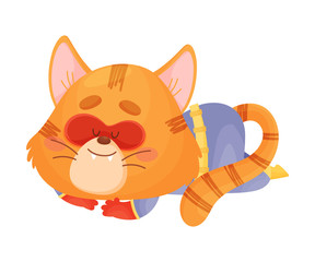 Cartoon cat superhero sleeping. Vector illustration on a white background.